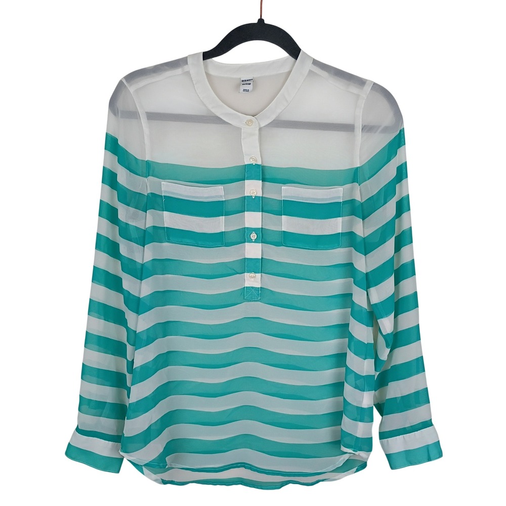 Old Navy Teal White Striped Chiffon Button Down Shear Blouse Top XS Long Sleeve